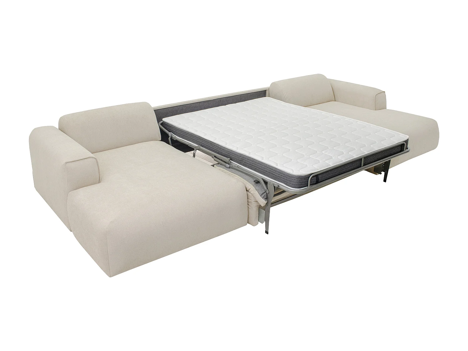 Canapé d'angle panoramique convertible express en tissu beige - Couchage 140 cm -  Matelas 13 cm mémoire de forme POGNI