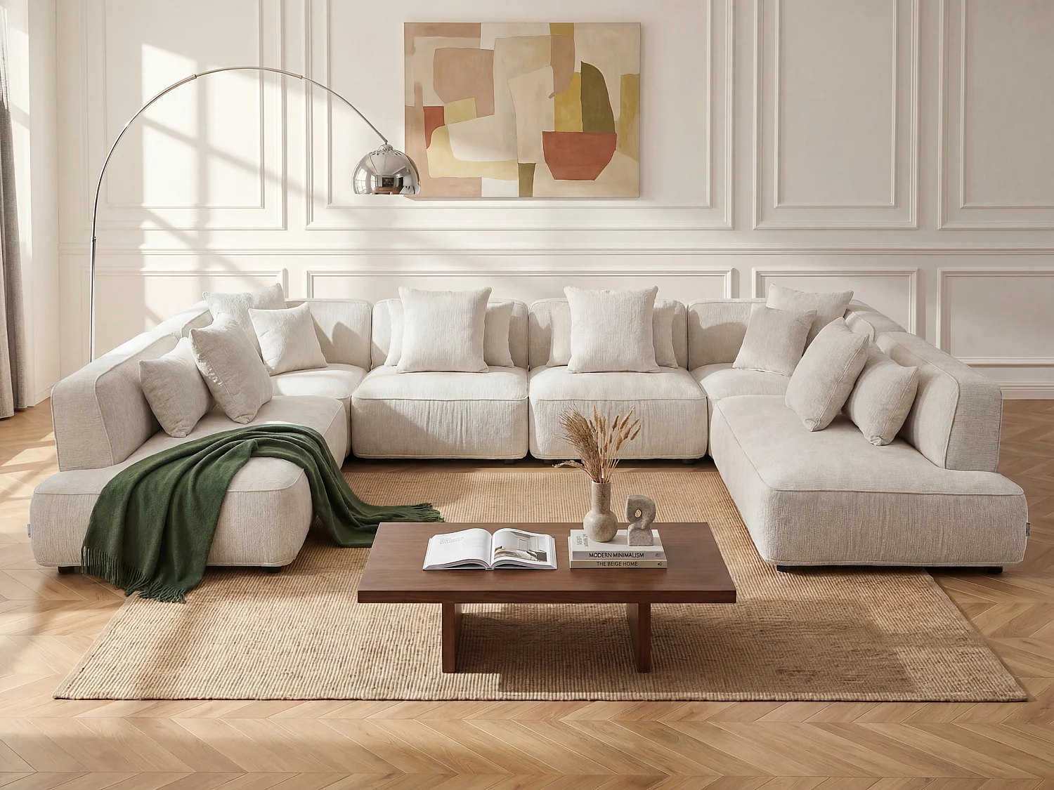 Fauteuil d'angle en tissu chenille beige LELACO