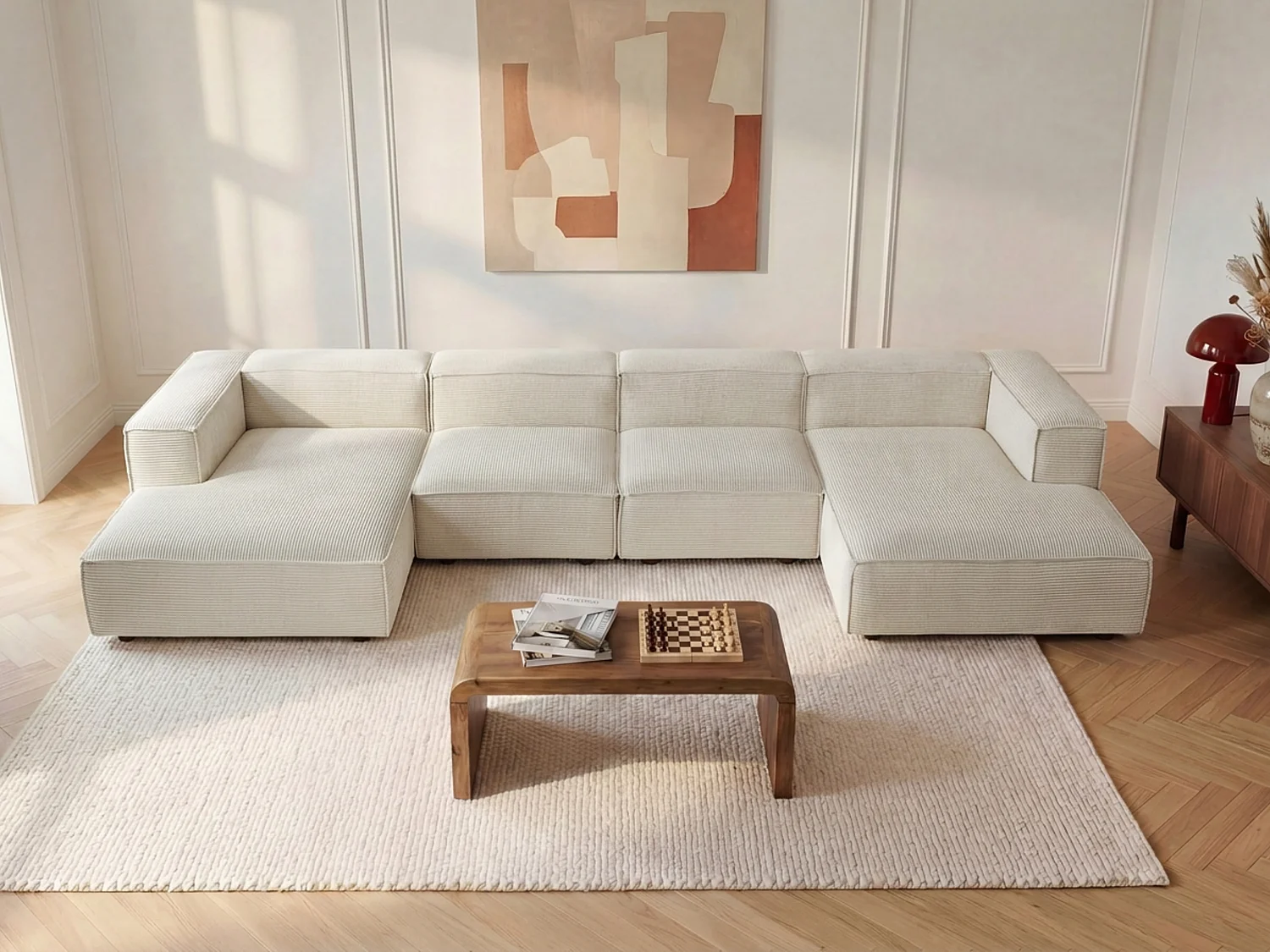 Fauteuil d'angle droit en velours côtelé beige RUZOLO