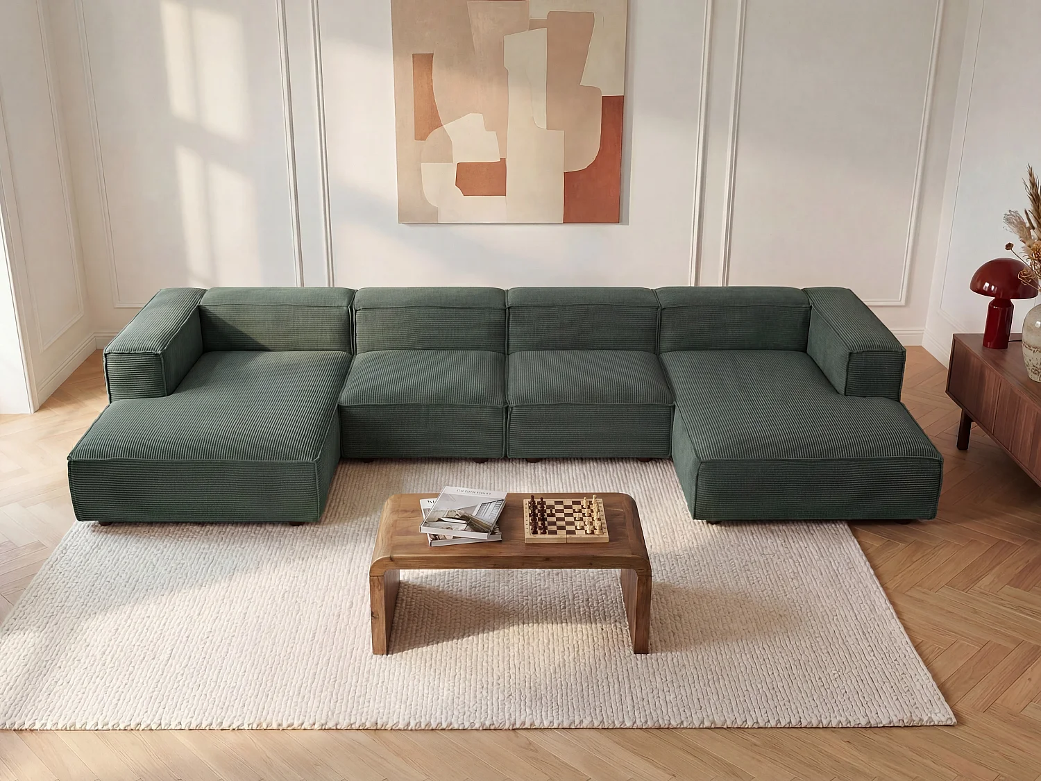Fauteuil d'angle droit en velours côtelé vert RUZOLO