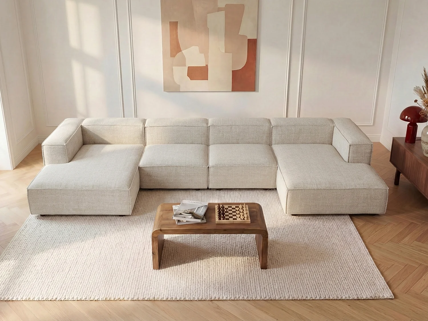 Fauteuil d'angle gauche en tissu chenille beige RUZOLO