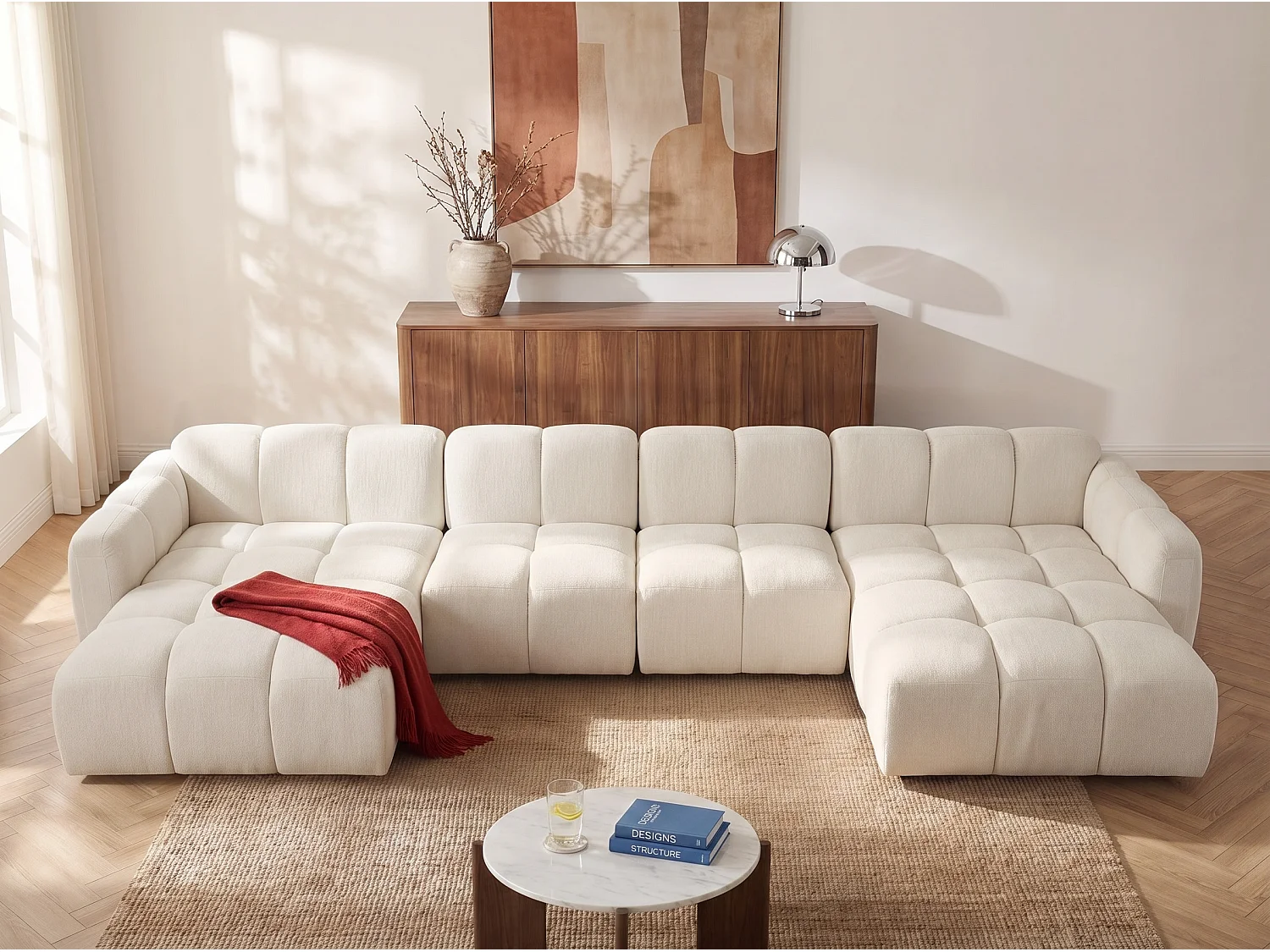 Fauteuil d'angle en tissu texturé blanc cassé CARLIVI