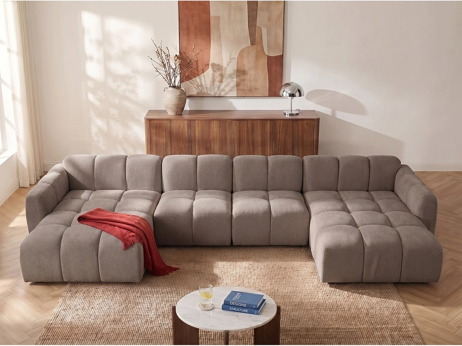 Fauteuil d'angle droit en tissu texturé taupe CARLIVI