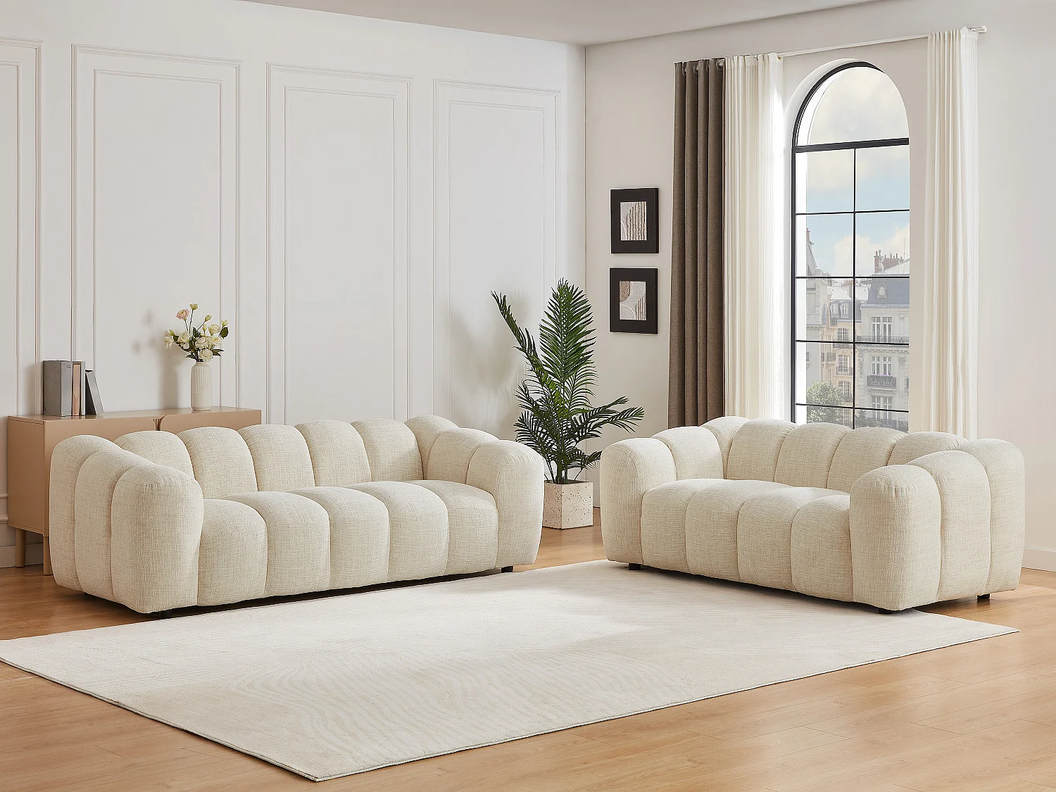 Canapé 3 places et 2 places en tissu chenille beige NELIMAR