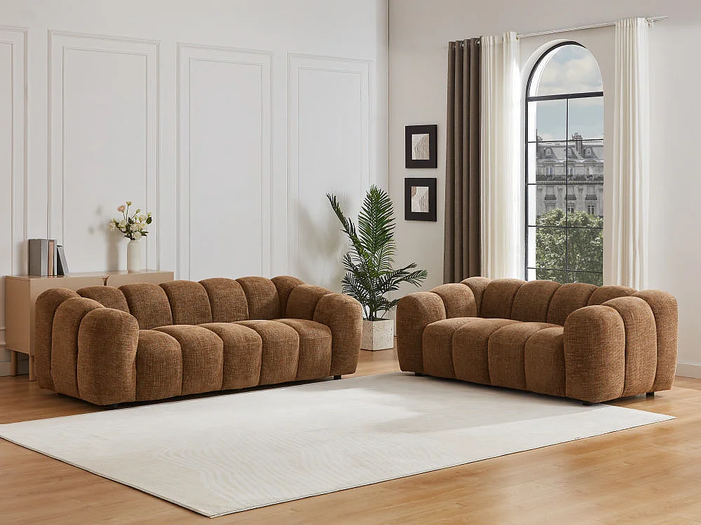 Canapé 3 places et 2 places en tissu chenille marron NELIMAR