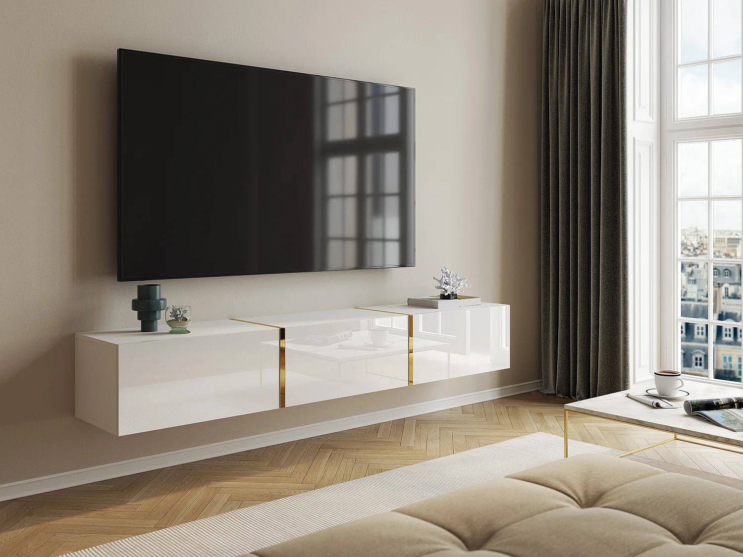 Meuble TV suspendu avec 3 portes - Blanc brillant et doré - MARZIALO