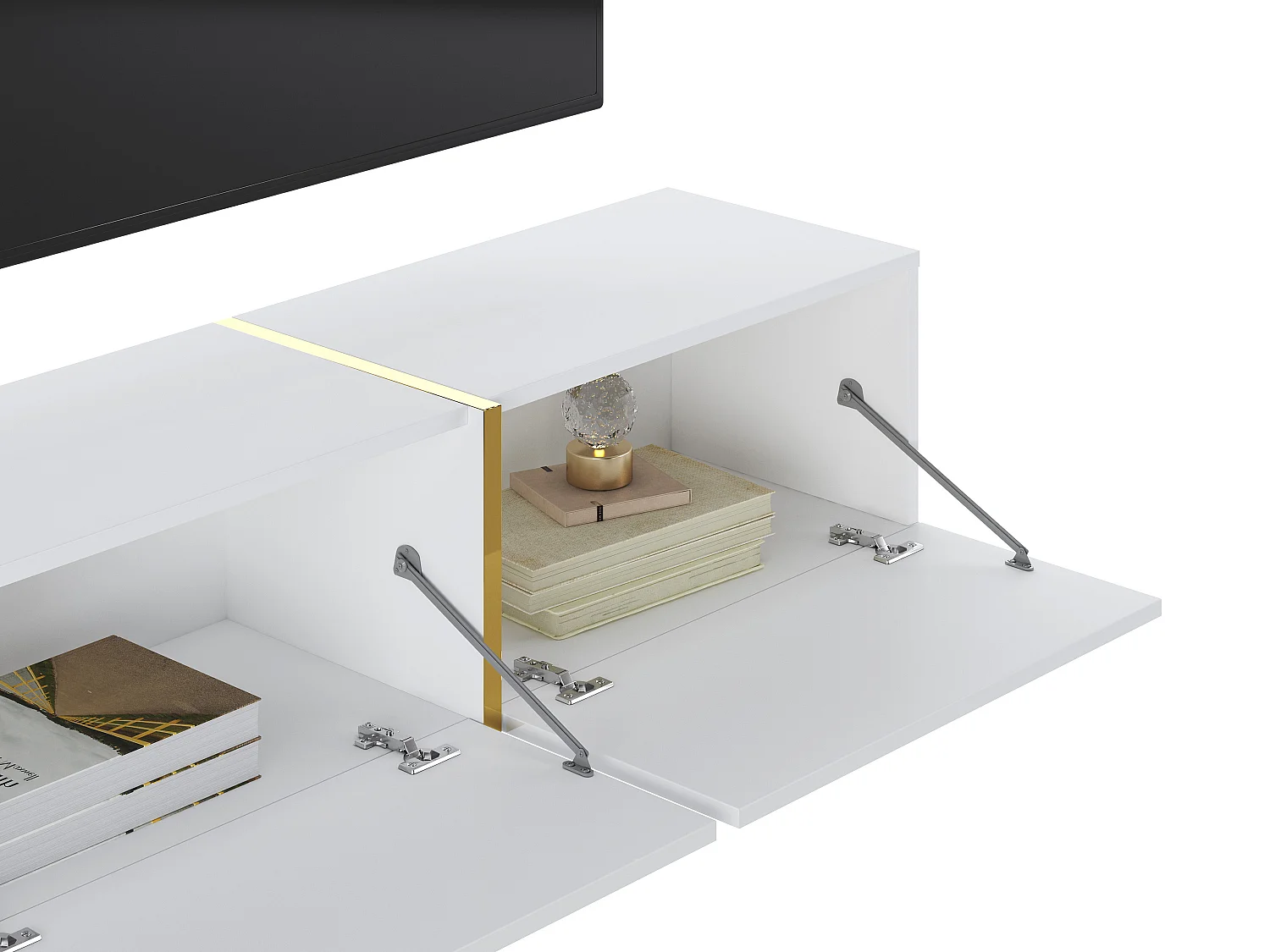 Meuble TV suspendu avec 3 portes - Blanc brillant et doré - MARZIALO