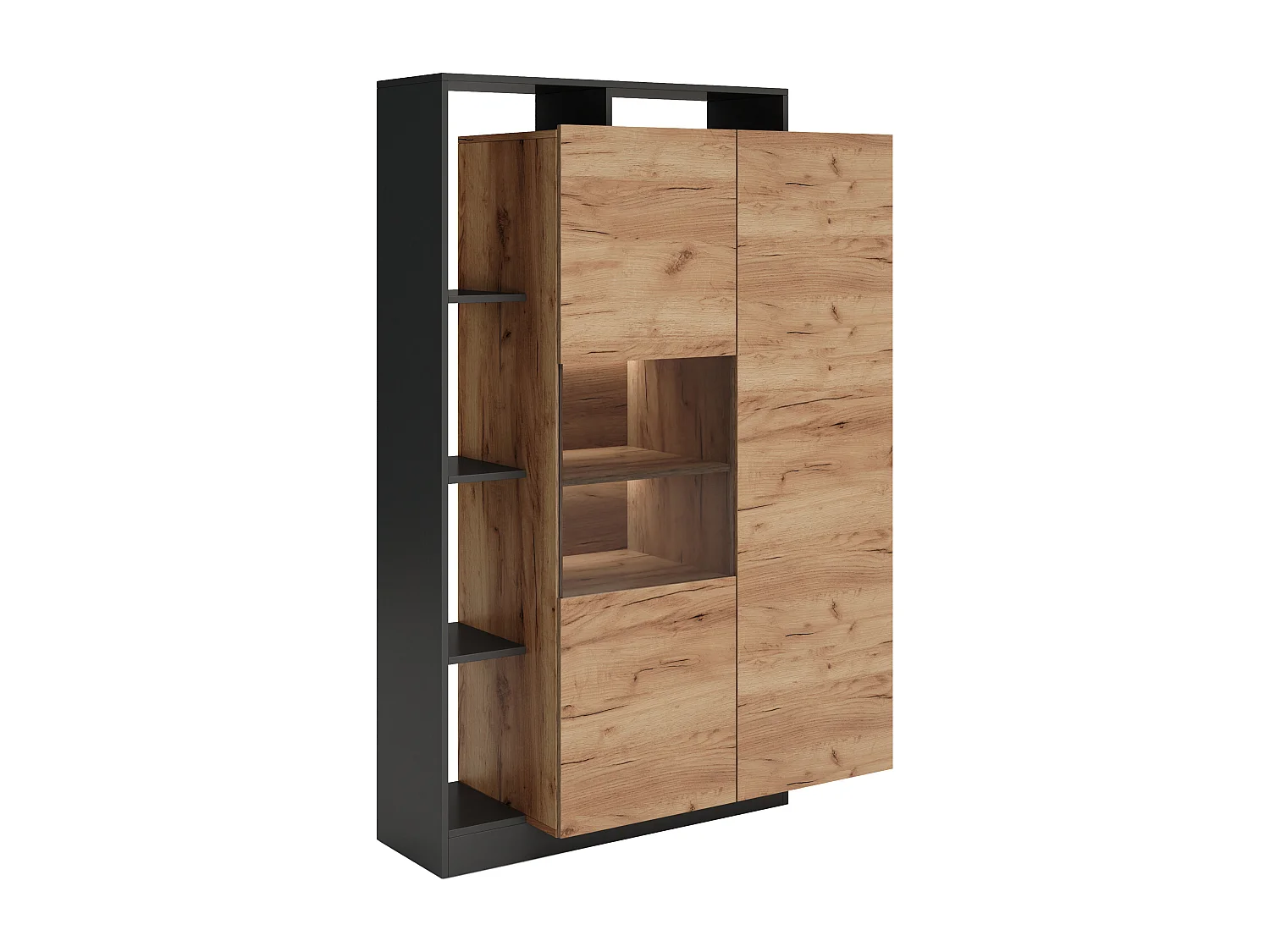 Vitrine 2 portes et 5 niches avec LEDs - Naturel clair et anthracite - IDESIA