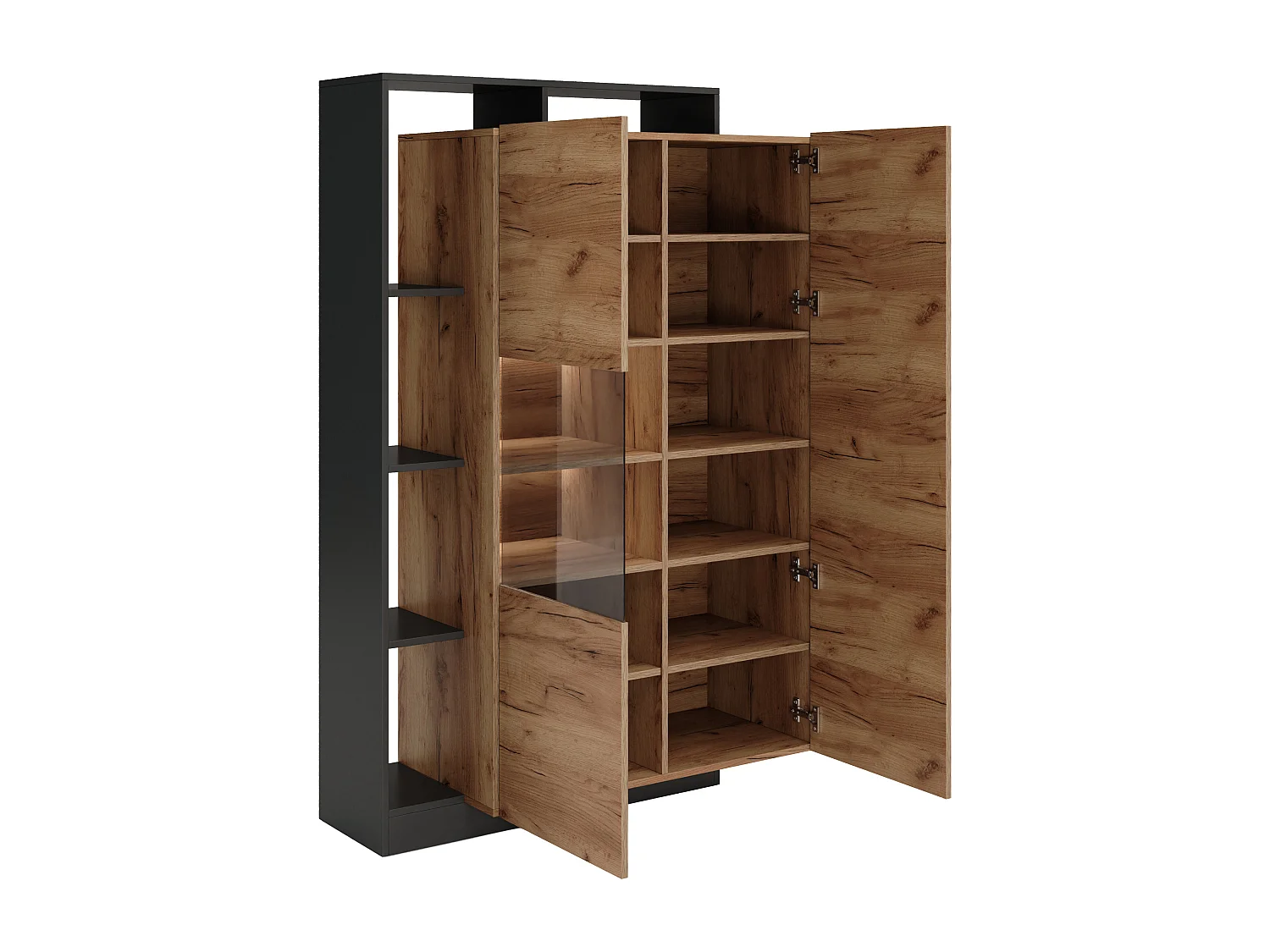 Vitrine 2 portes et 5 niches avec LEDs - Naturel clair et anthracite - IDESIA