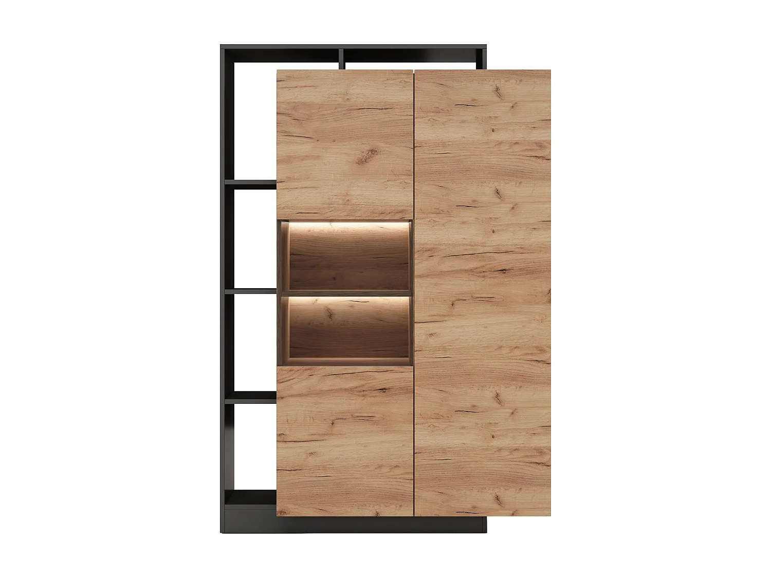 Vitrine 2 portes et 5 niches avec LEDs - Naturel clair et anthracite - IDESIA