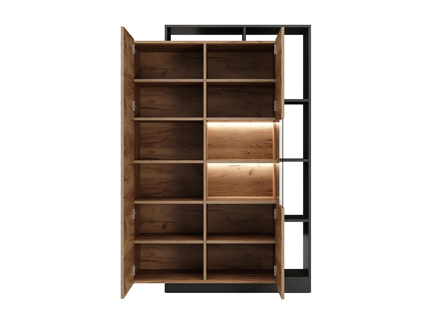 Vitrine 2 portes et 5 niches avec LEDs - Naturel clair et anthracite - IDESIA