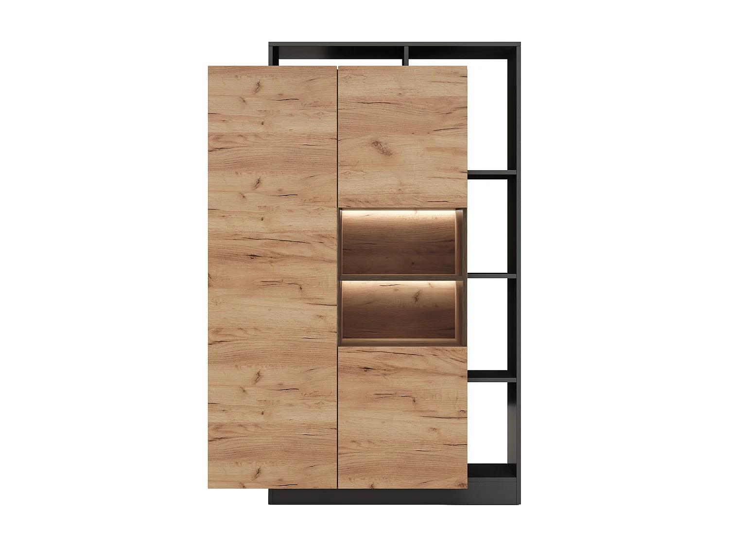 Vitrine 2 portes et 5 niches avec LEDs - Naturel clair et anthracite - IDESIA