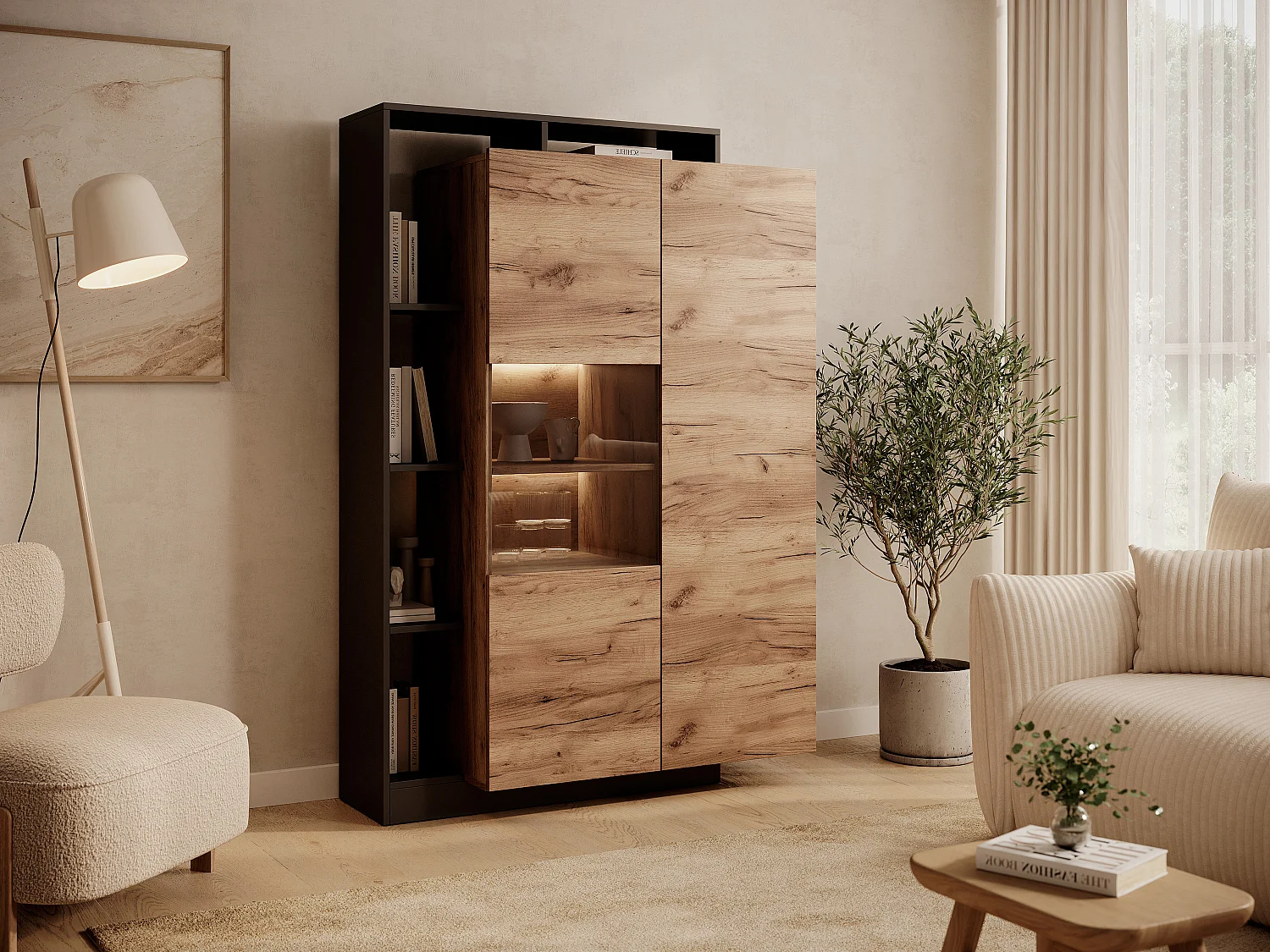Vitrine 2 portes et 5 niches avec LEDs - Naturel clair et anthracite - IDESIA