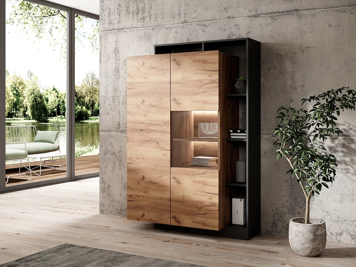 Vitrine 2 portes et 5 niches avec LEDs - Naturel clair et anthracite - IDESIA