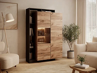 Vitrine mit 2 Türen und 5 Nischen mit LEDs – Helles Naturholz und Anthrazit – IDESIA