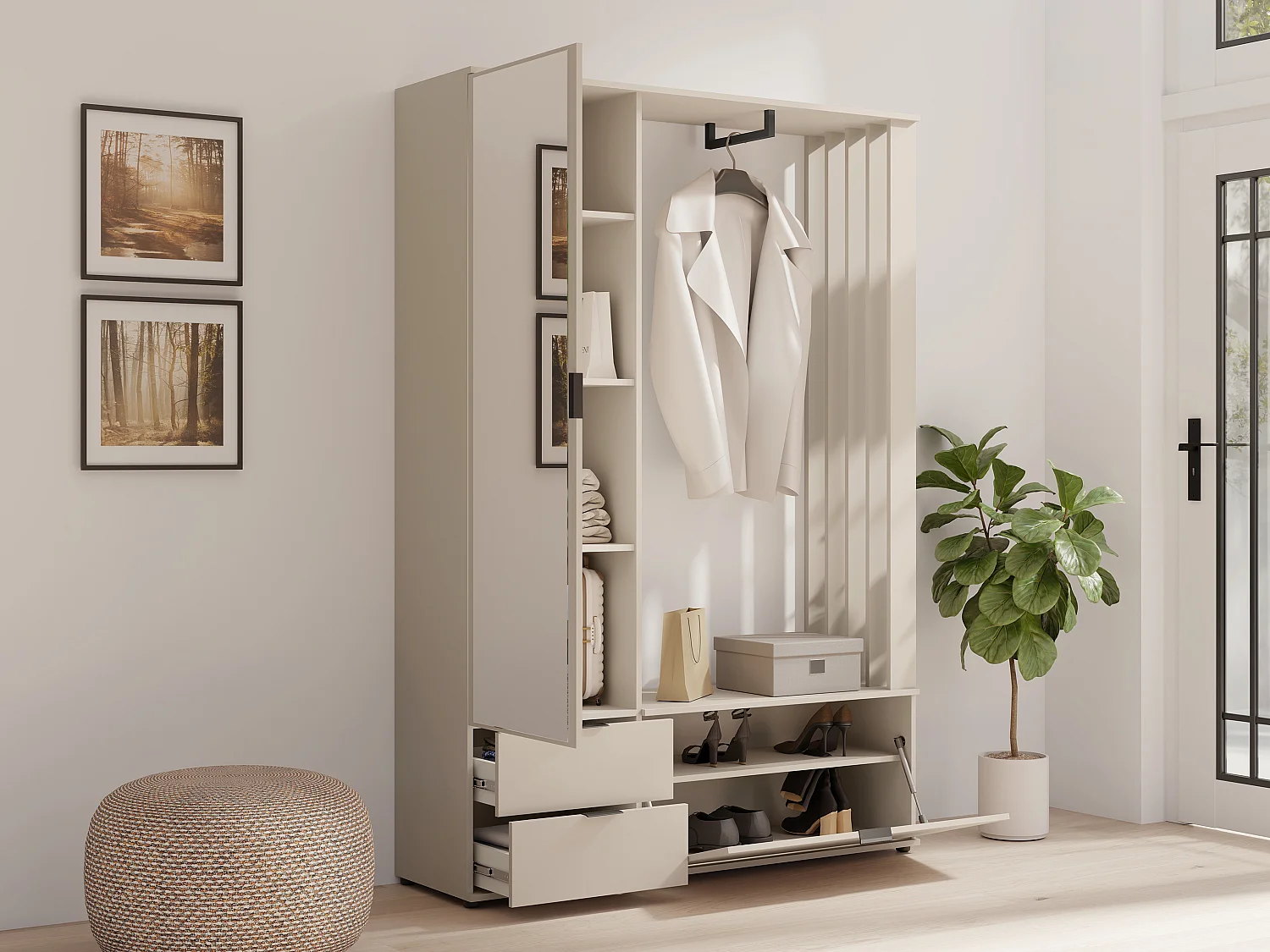 Vestiaire avec rangements et penderie - Beige - CEDRELA