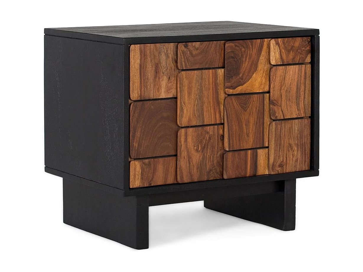 Nachttisch aus Mangoholz und Sheesam mit dreidimensionalem Effekt