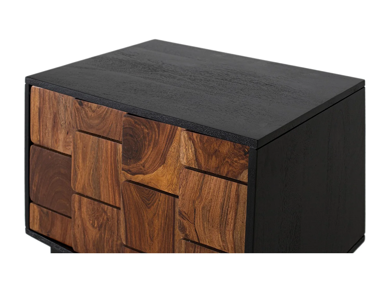 Nachttisch aus Mangoholz und Sheesam mit dreidimensionalem Effekt