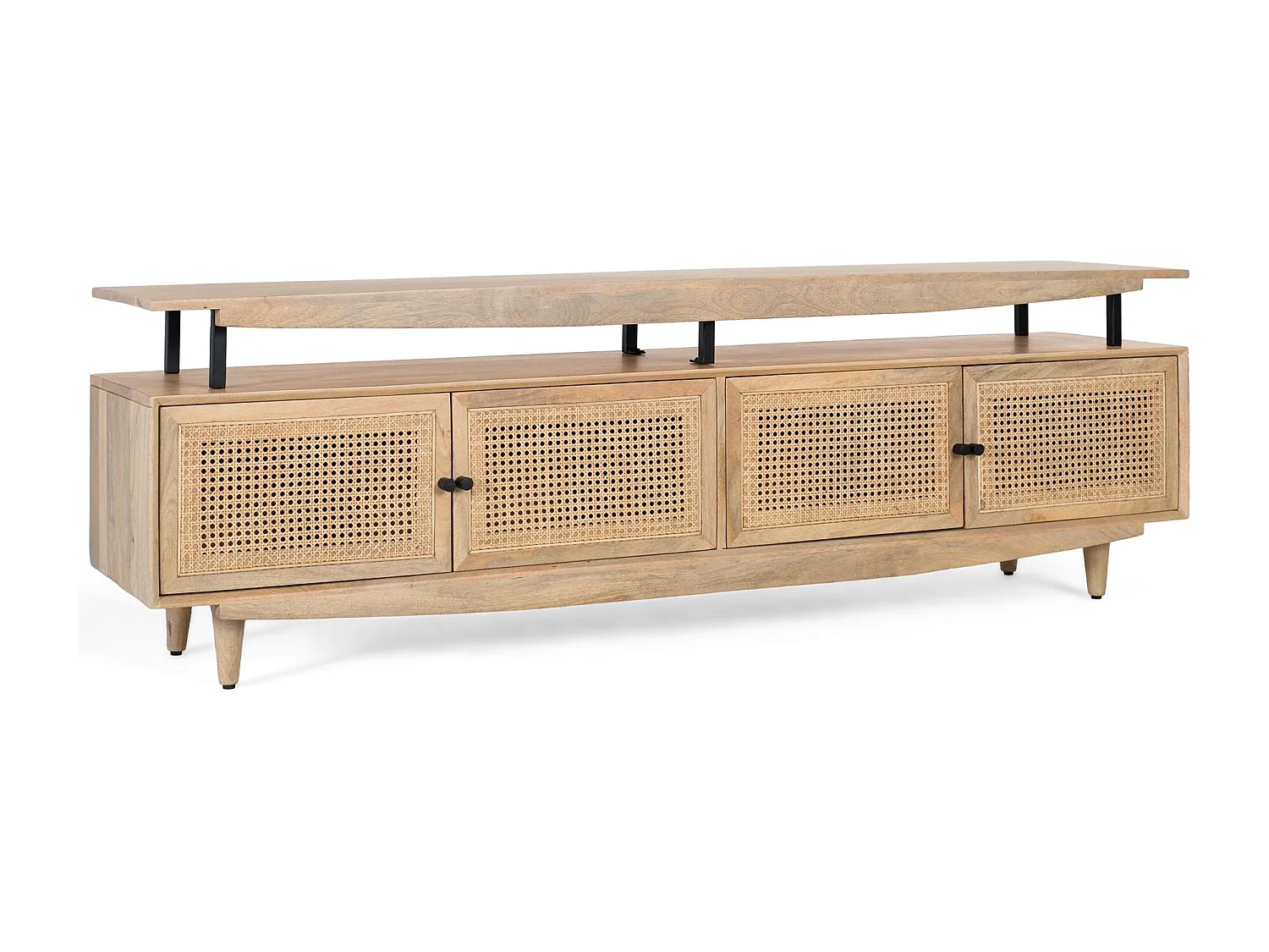 TV-Schrank aus Mangoholz mit 4 gerahmten Türen mit Drahtgeflecht.