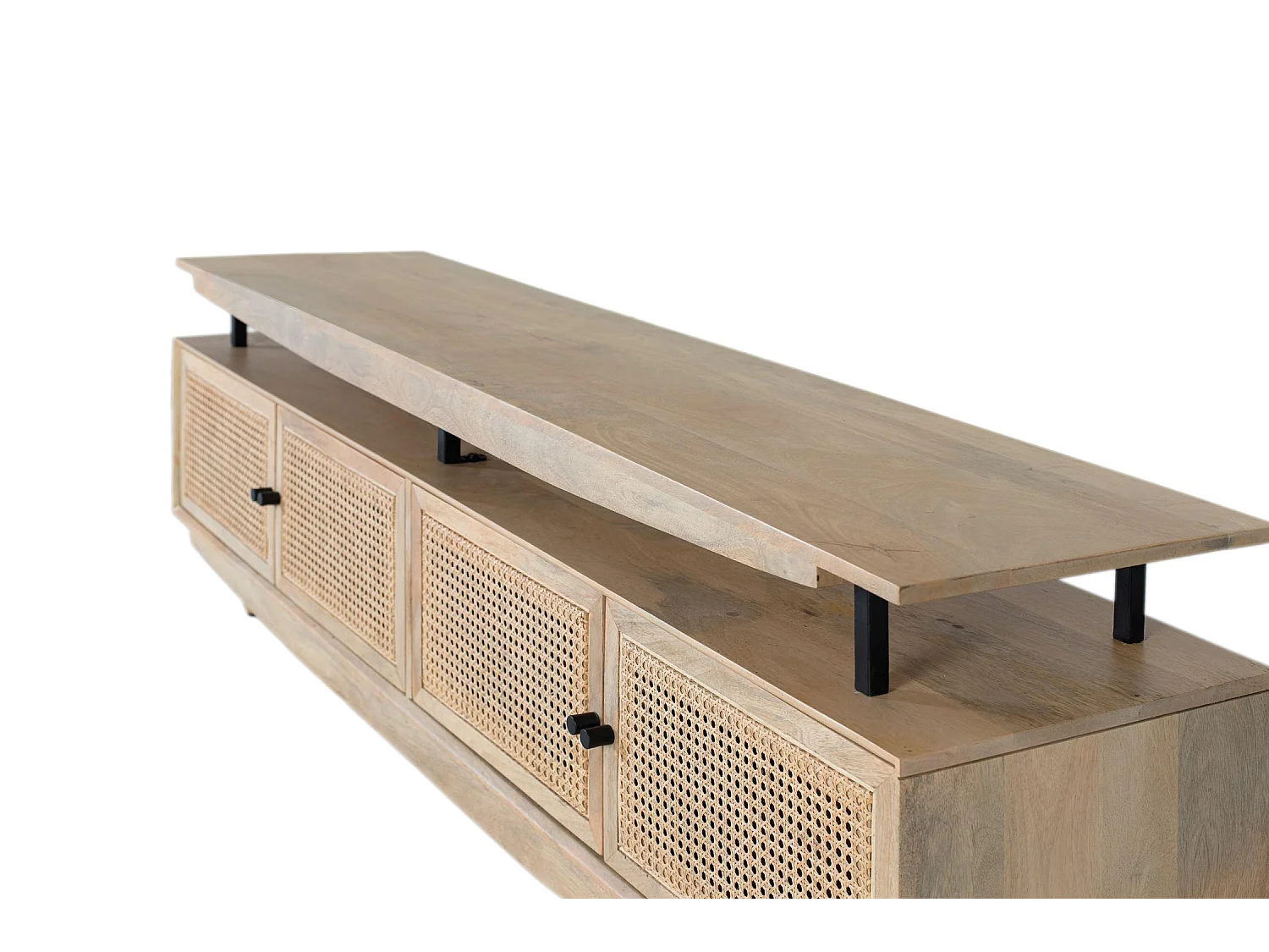 TV-Schrank aus Mangoholz mit 4 gerahmten Türen mit Drahtgeflecht.