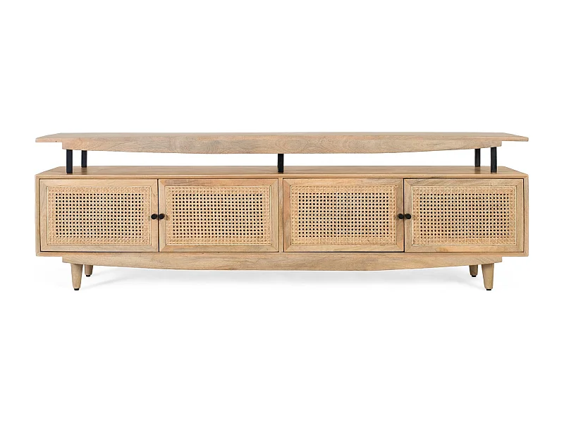 TV-Schrank aus Mangoholz mit 4 gerahmten Türen mit Drahtgeflecht.