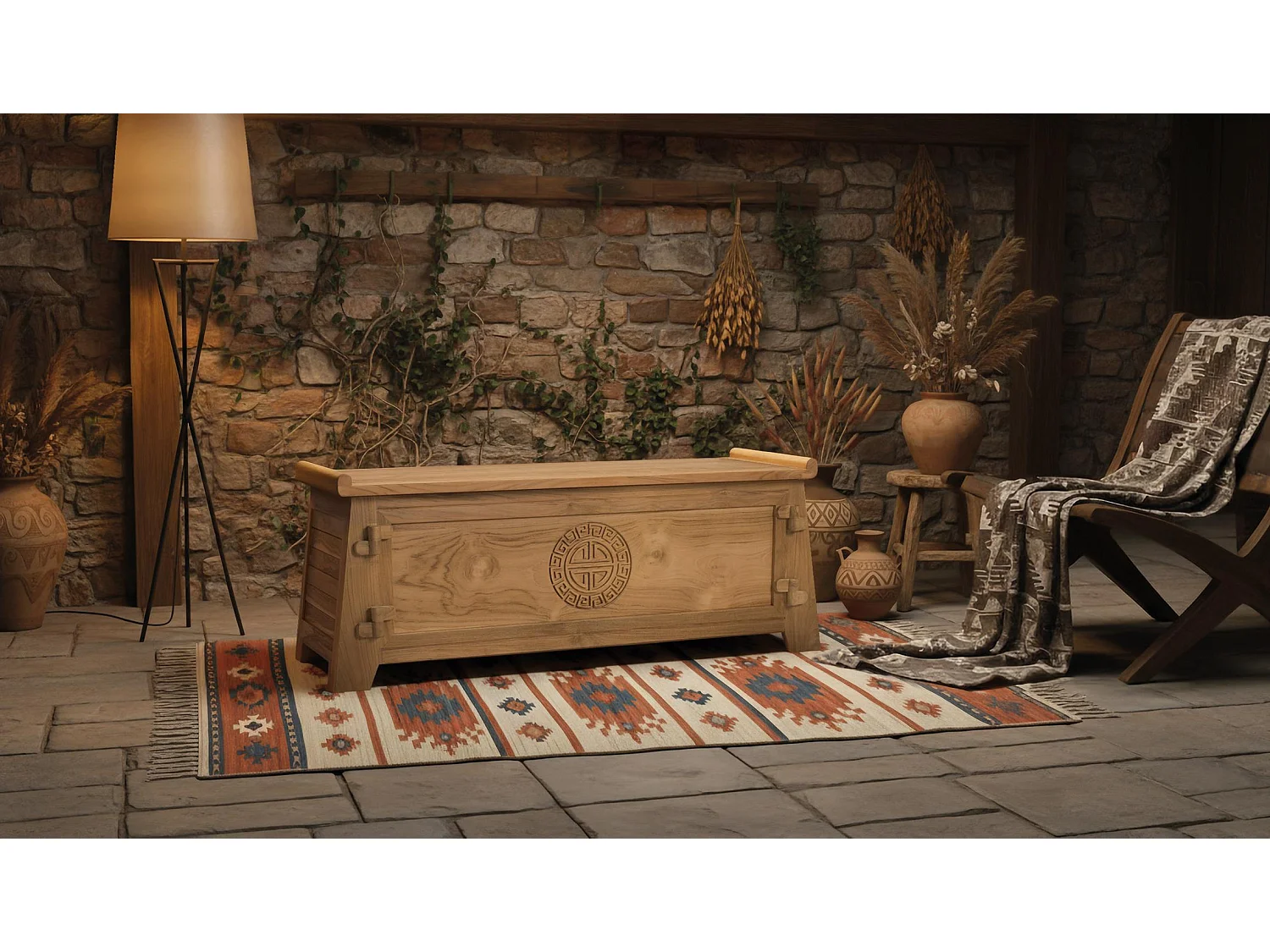 Coffre en teck massif naturel 114 cm