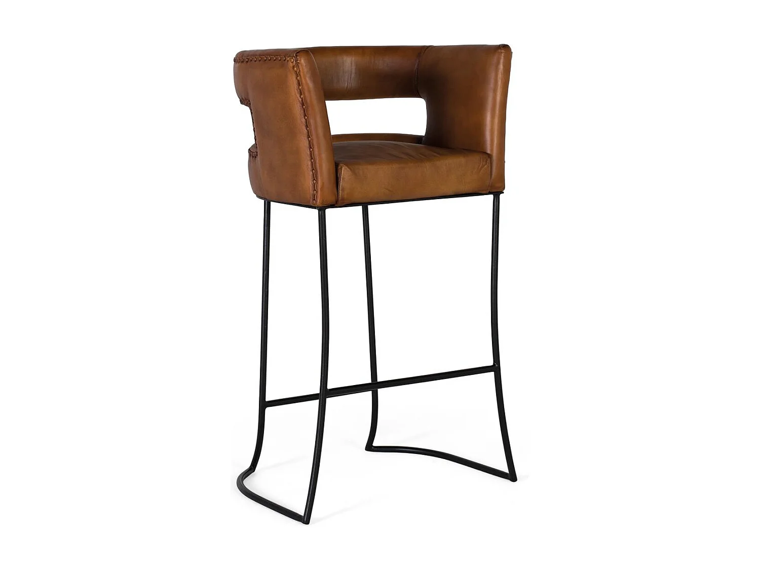 Taburete tapizado en piel natural y estructura metálica curvada