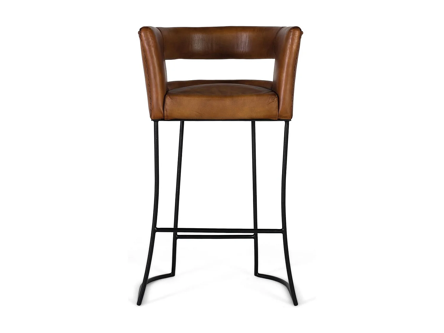 Taburete tapizado en piel natural y estructura metálica curvada