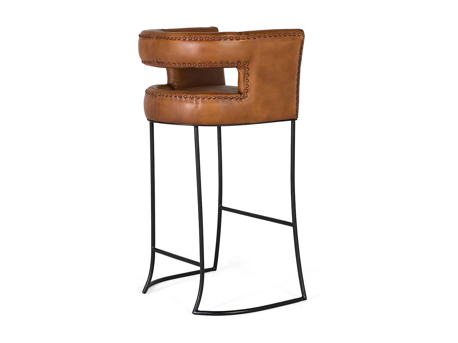 Taburete tapizado en piel natural y estructura metálica curvada