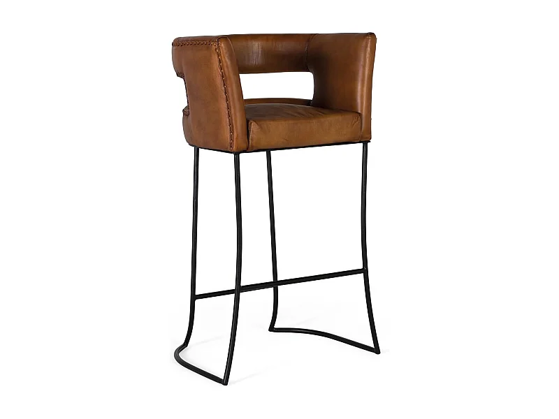 Taburete tapizado en piel natural y estructura metálica curvada