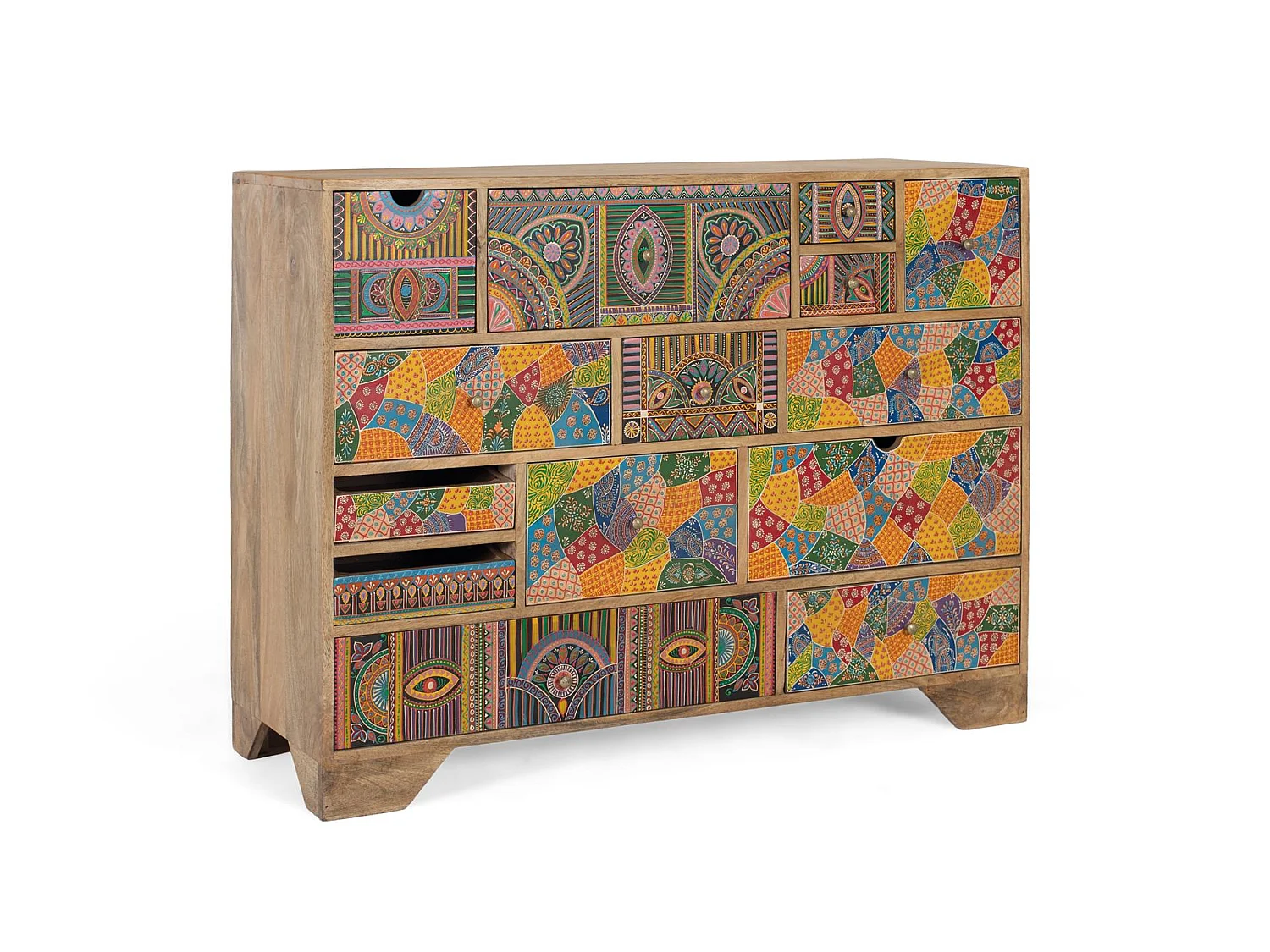 Commode en bois de manguier 120 cm, style bohème ethnique - 91 x 120 x 40