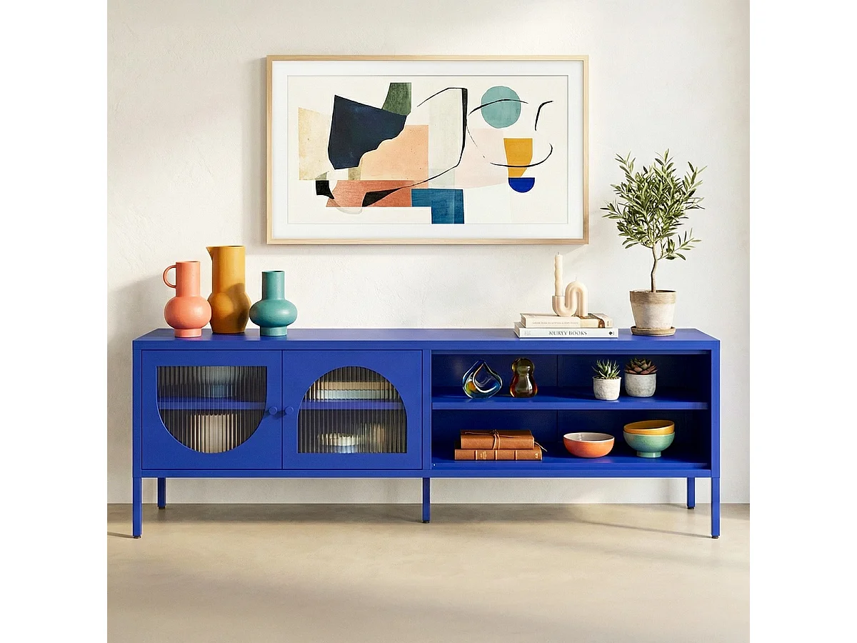Meuble TV 2 portes 2 niches en métal bleu électrique 160 cm - Ysia