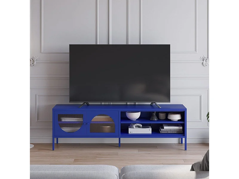 Meuble TV 2 portes 2 niches en métal bleu électrique 160 cm - Ysia