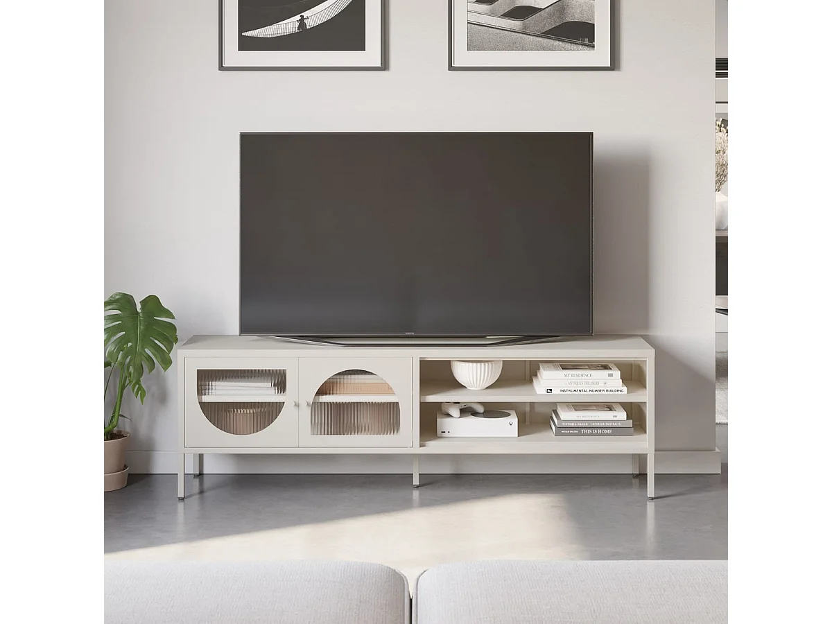 Meuble TV 2 portes 2 niches en métal beige 160 cm - Ysia