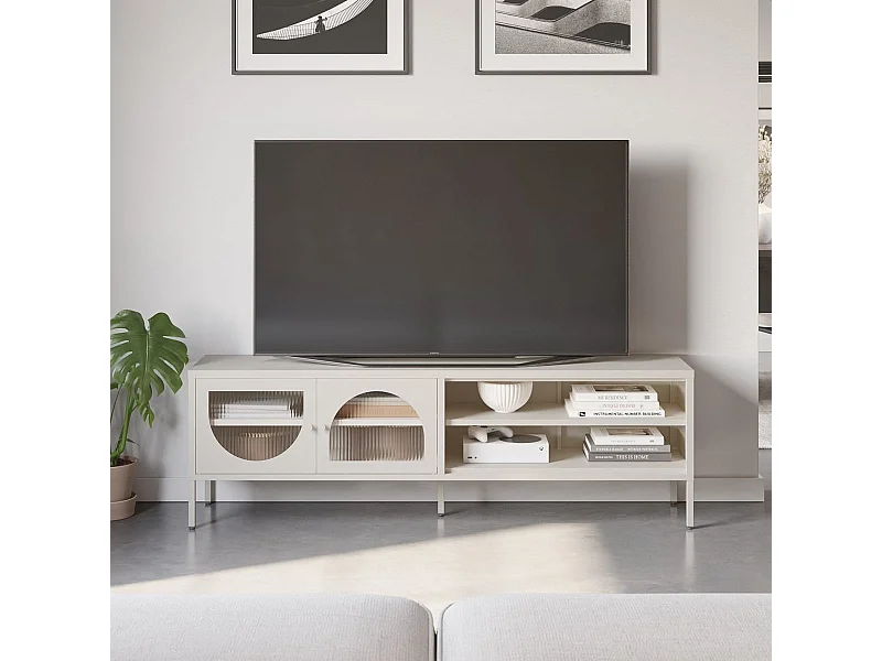 Meuble TV 2 portes 2 niches en métal beige 160 cm - Ysia