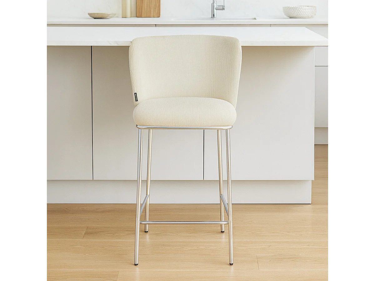 Lot de 2 tabourets de bar en velours côtelé beige, piètement chromé - Toma