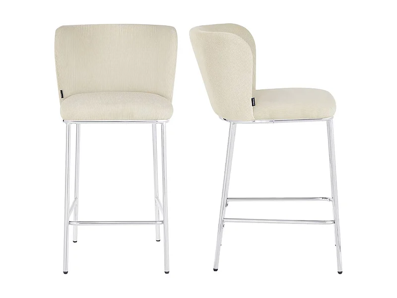 Lot de 2 tabourets de bar en velours côtelé beige, piètement chromé - Toma