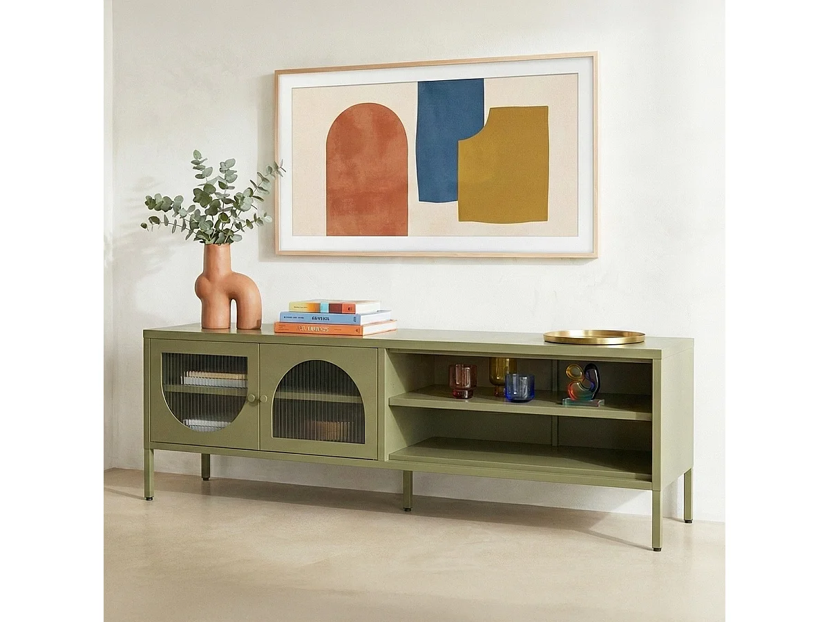 Meuble TV 2 portes 2 niches en métal vert 160 cm - Ysia