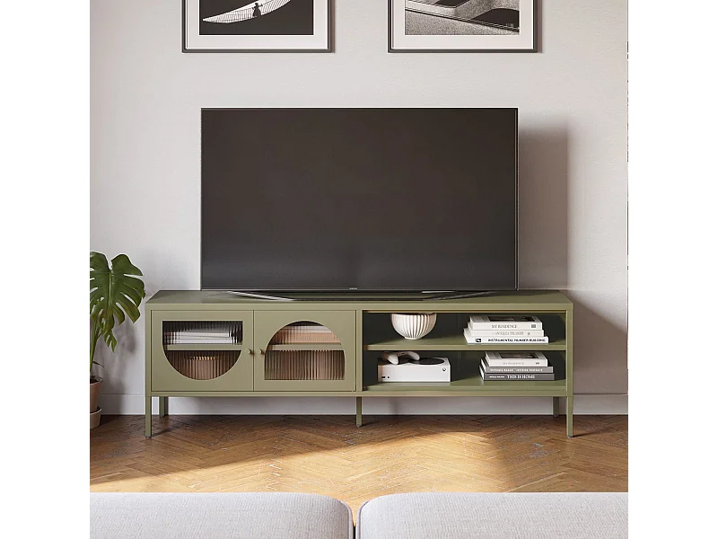 Meuble TV 2 portes 2 niches en métal vert 160 cm - Ysia