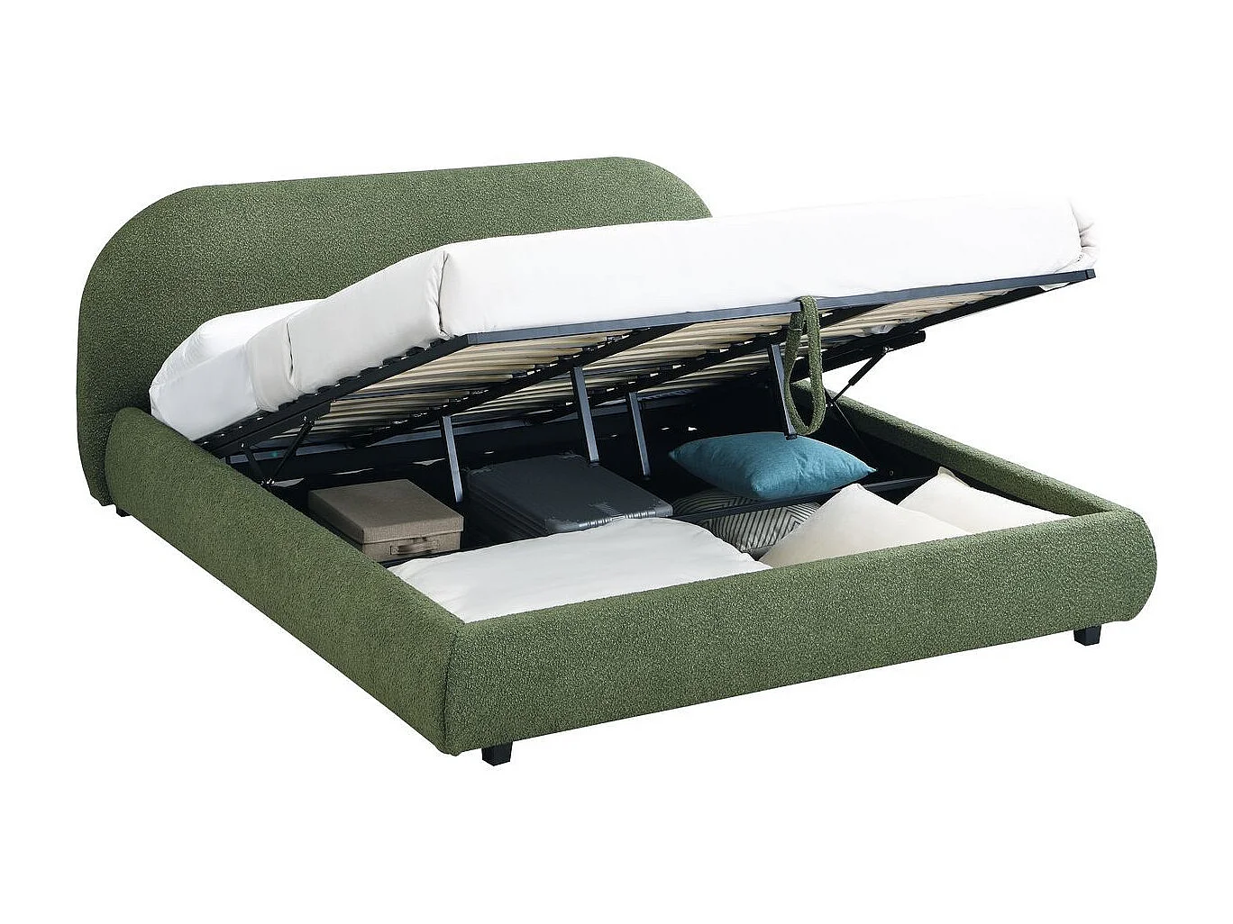 Lit coffre 180x200 cm avec tête de lit matelassée en tissu bouclé vert kaki - Madisson