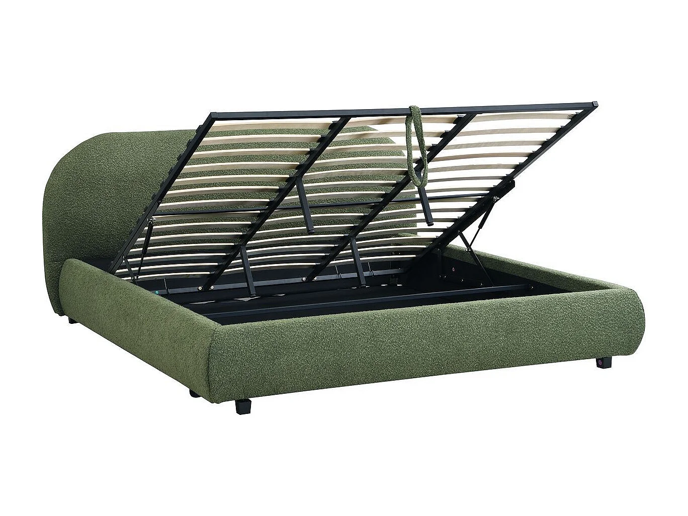 Lit coffre 180x200 cm avec tête de lit matelassée en tissu bouclé vert kaki - Madisson