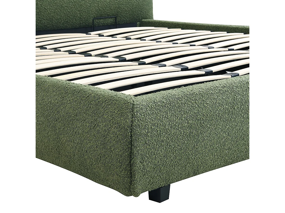 Lit coffre 180x200 cm avec tête de lit matelassée en tissu bouclé vert kaki - Madisson