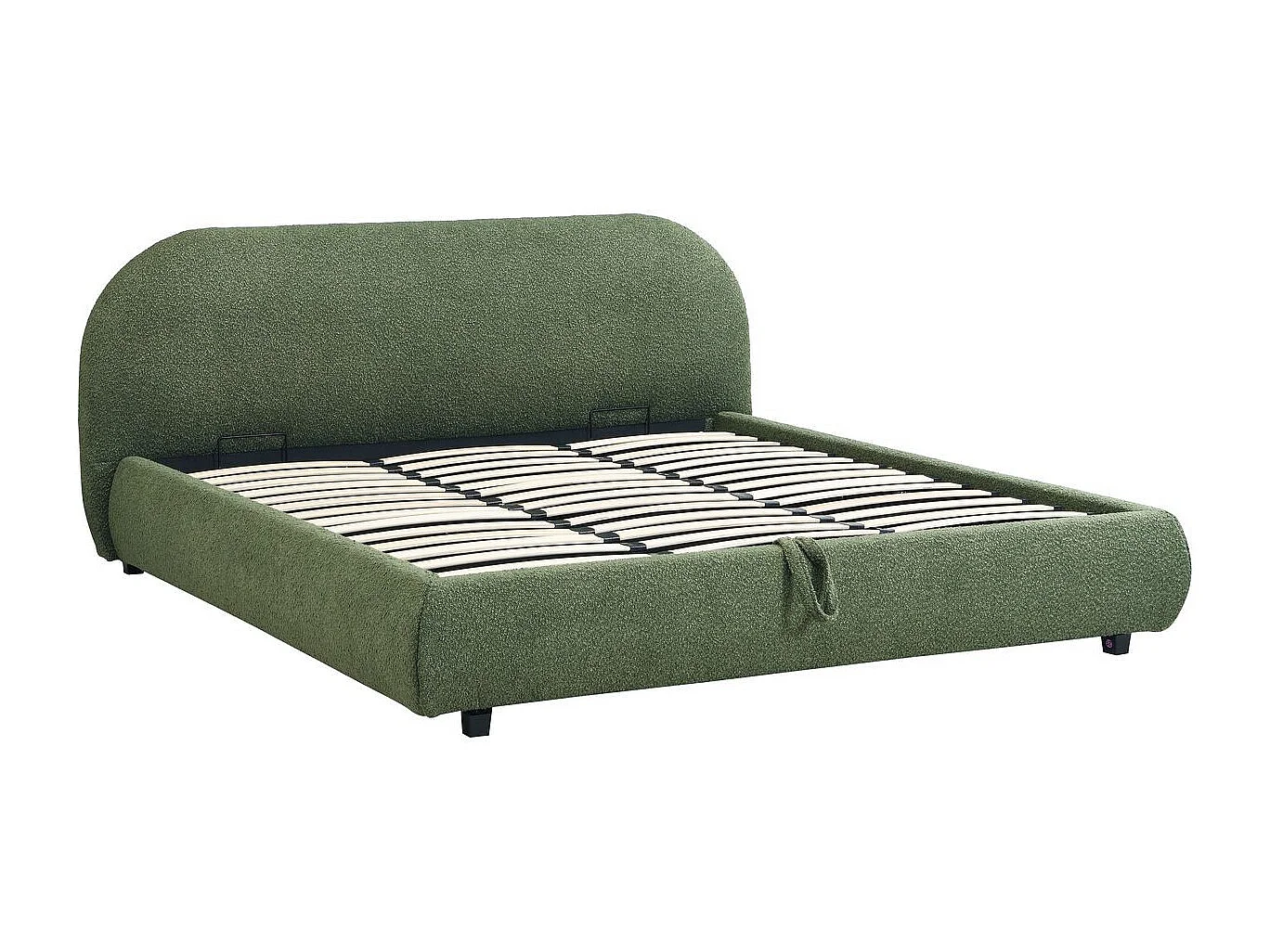 Lit coffre 180x200 cm avec tête de lit matelassée en tissu bouclé vert kaki - Madisson