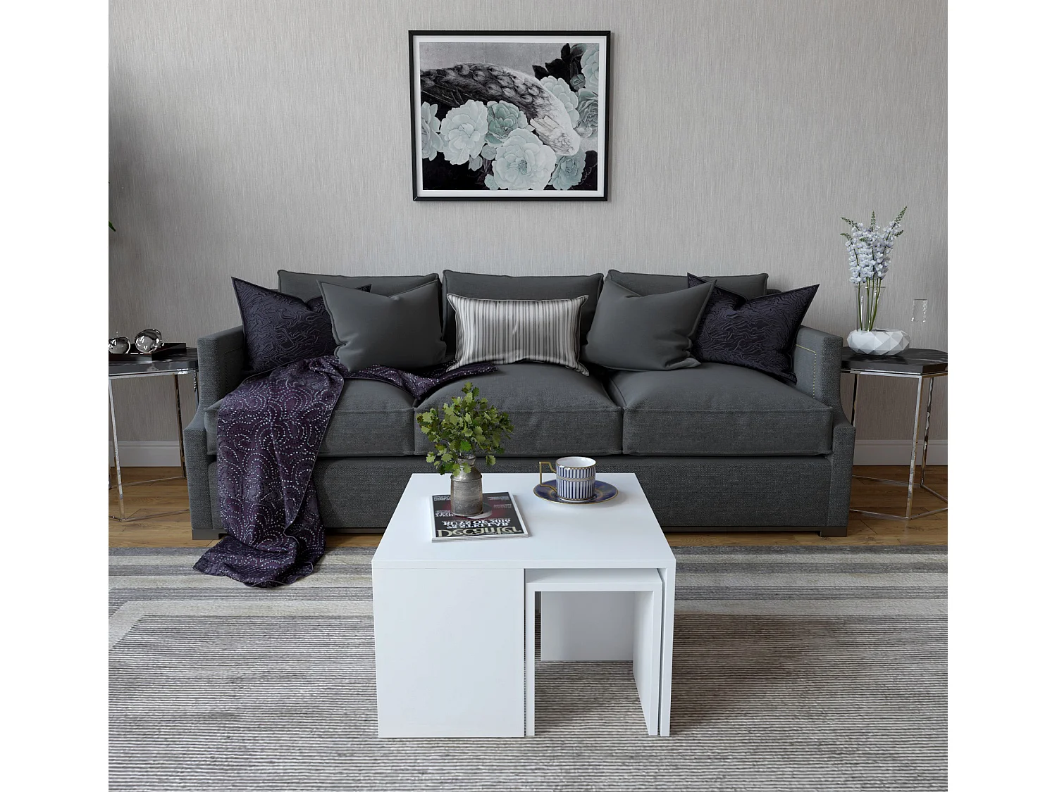 Zestaw stolików kawowych Ortanca z białego drewna, 60x60x37 cm, nowoczesny design i melaminowana powierzchnia