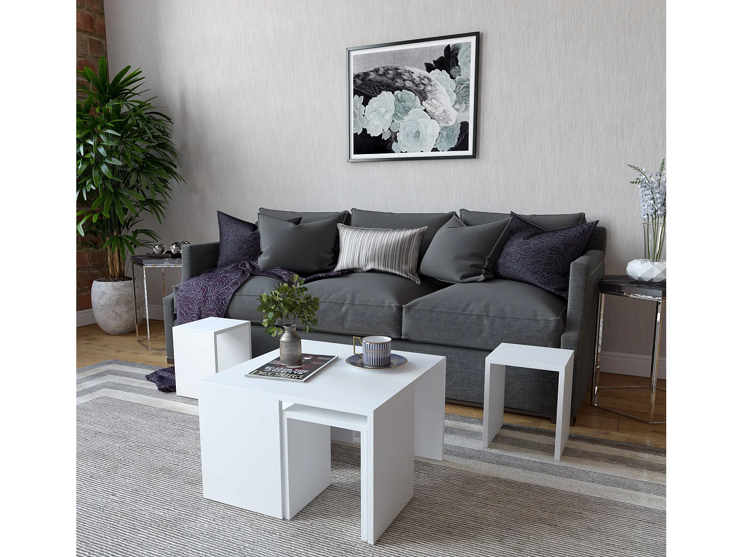 Zestaw stolików kawowych Ortanca z białego drewna, 60x60x37 cm, nowoczesny design i melaminowana powierzchnia