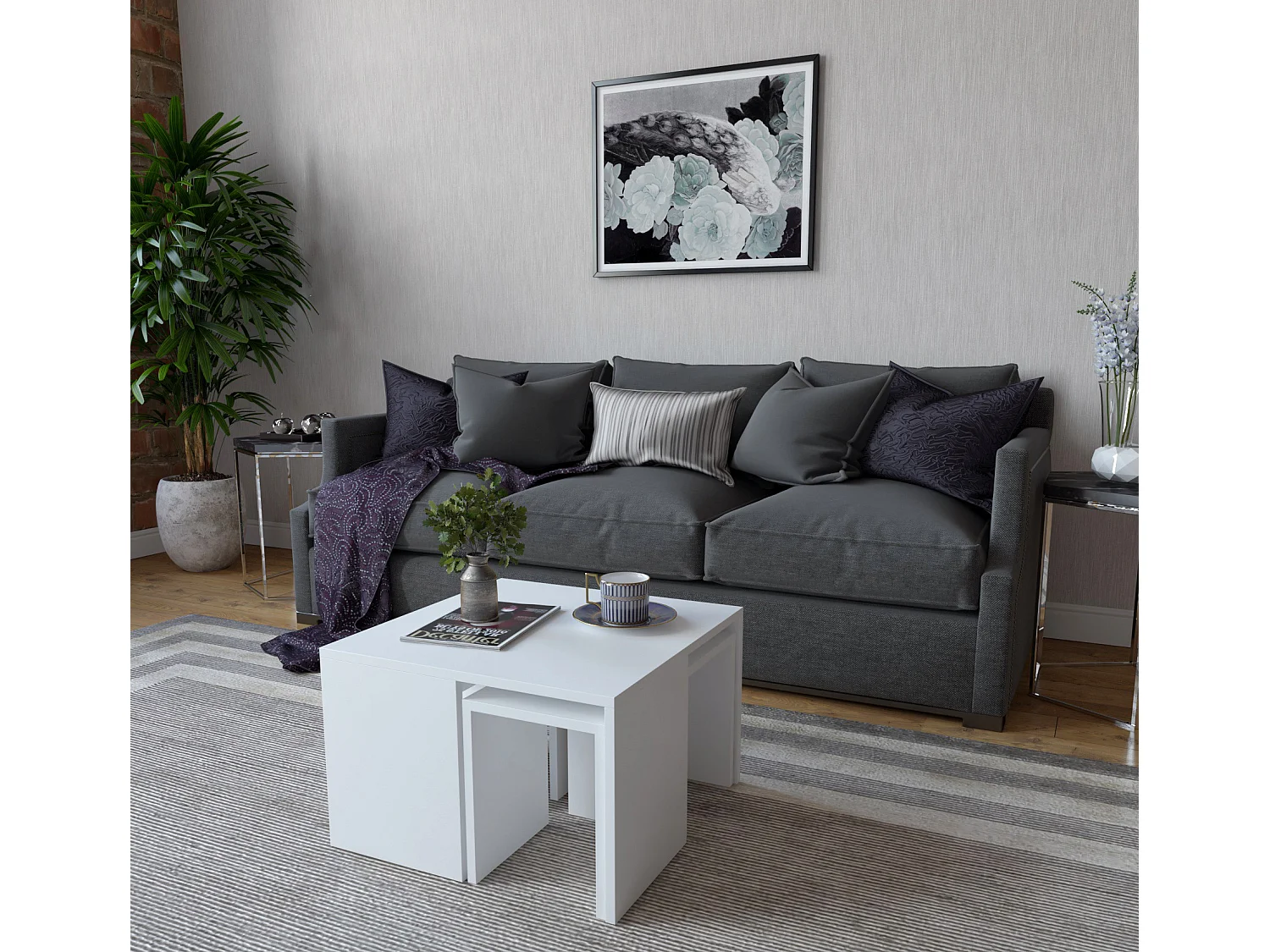 Zestaw stolików kawowych Ortanca z białego drewna, 60x60x37 cm, nowoczesny design i melaminowana powierzchnia