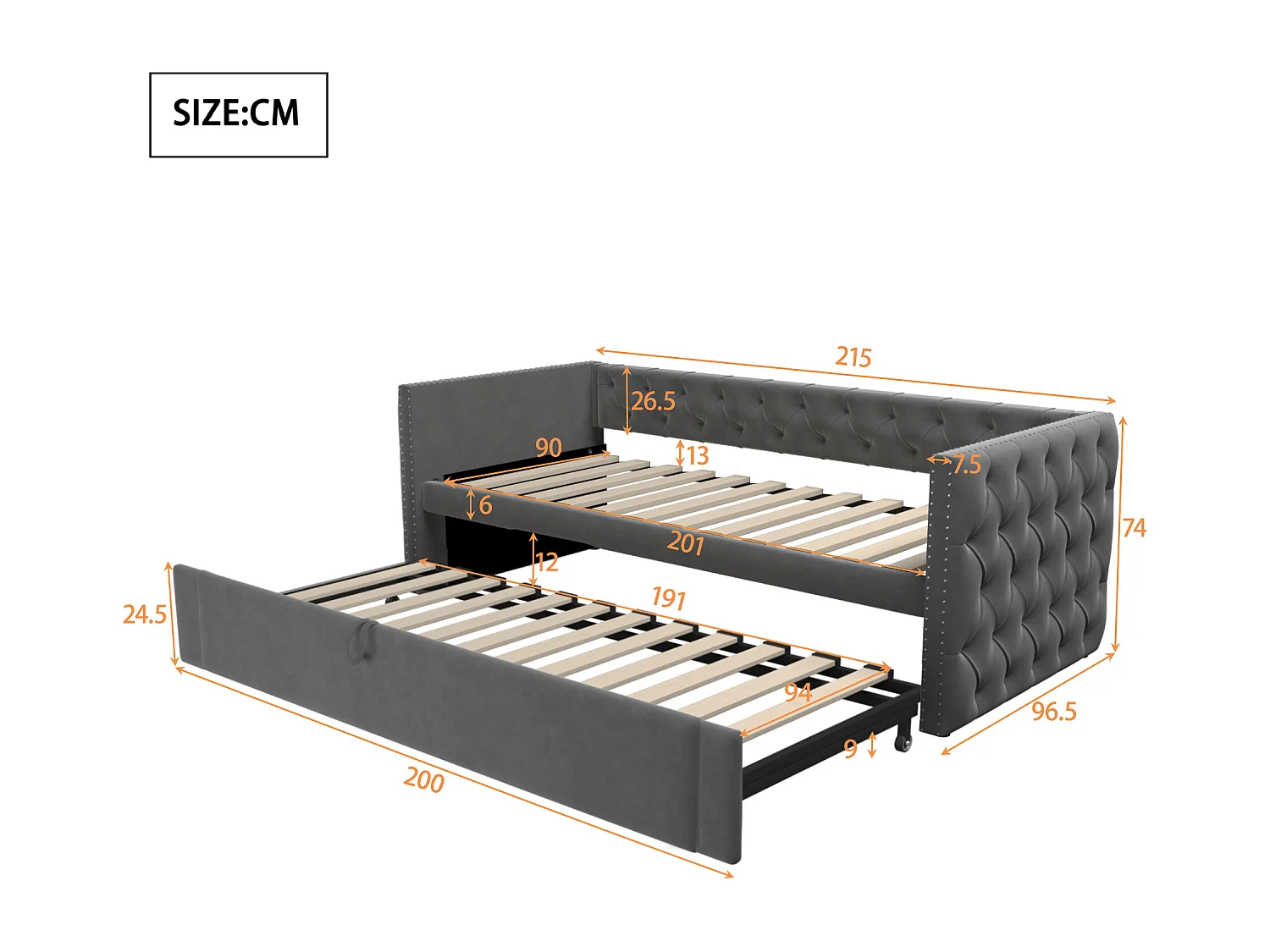 Lit banquette 90x200 cm - Lit enfant avec lit gigogne et sommier à lattes - velours gris - sans matelas
