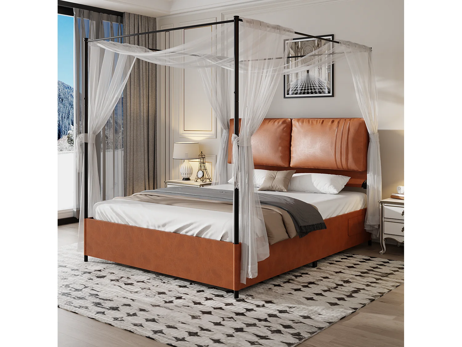 Bett für Erwachsene 140 x 200 cm – mit 2 Kissen, PU-Leder, Lattenrost aus Metall – braun – Matratze nicht enthalten