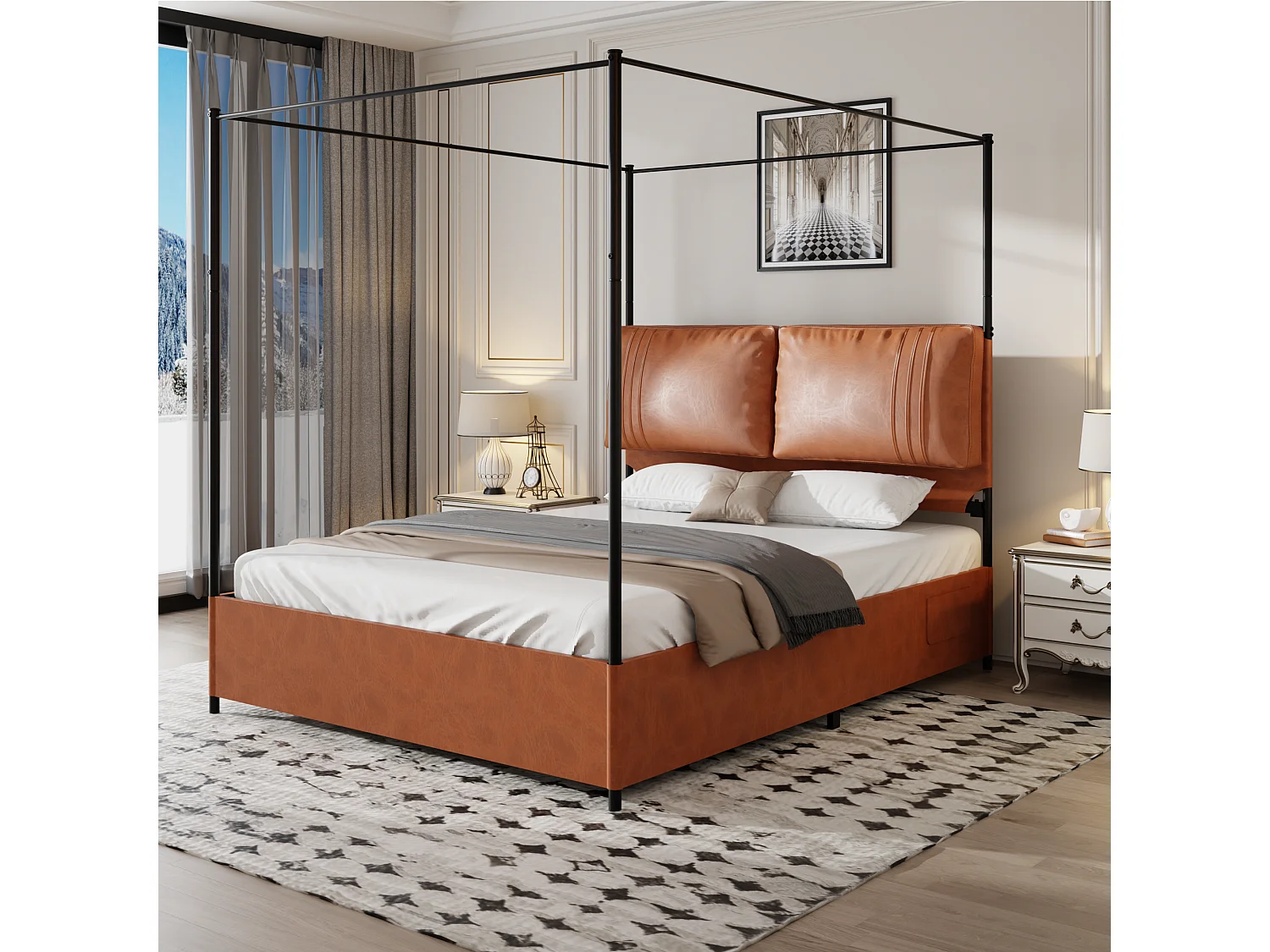 Bett für Erwachsene 140 x 200 cm – mit 2 Kissen, PU-Leder, Lattenrost aus Metall – braun – Matratze nicht enthalten