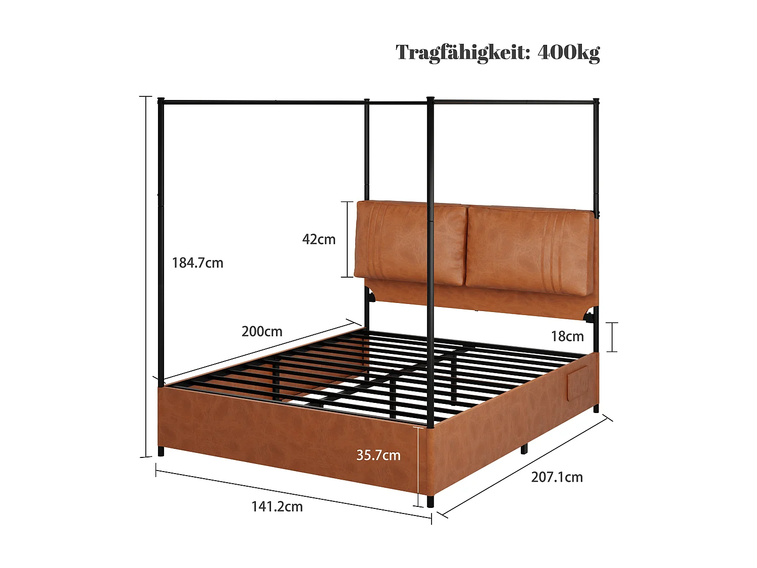 Bett für Erwachsene 140 x 200 cm – mit 2 Kissen, PU-Leder, Lattenrost aus Metall – braun – Matratze nicht enthalten